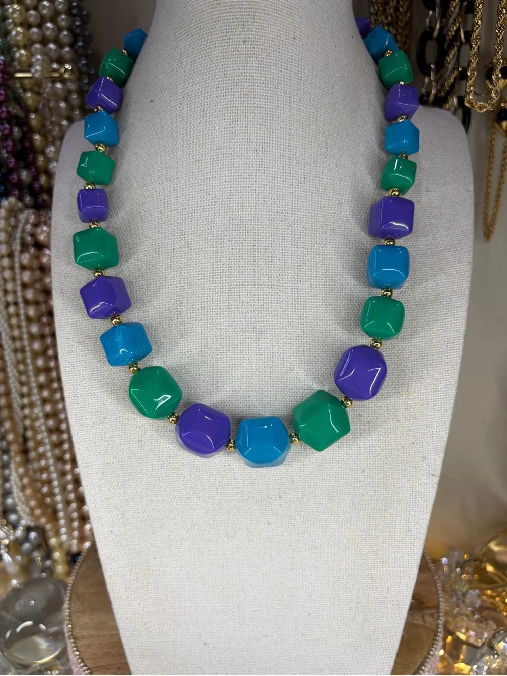 Set of 2 Vintage Lucite Necklaces Blue Green Retro Chunky Beaded Jewelry